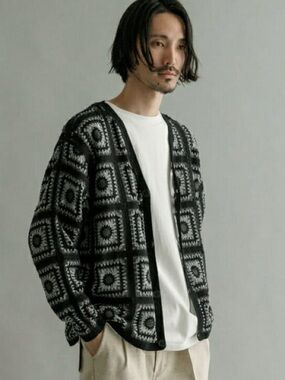 Urban Research Crochet Granny Square Cardigan Black Gray Size M